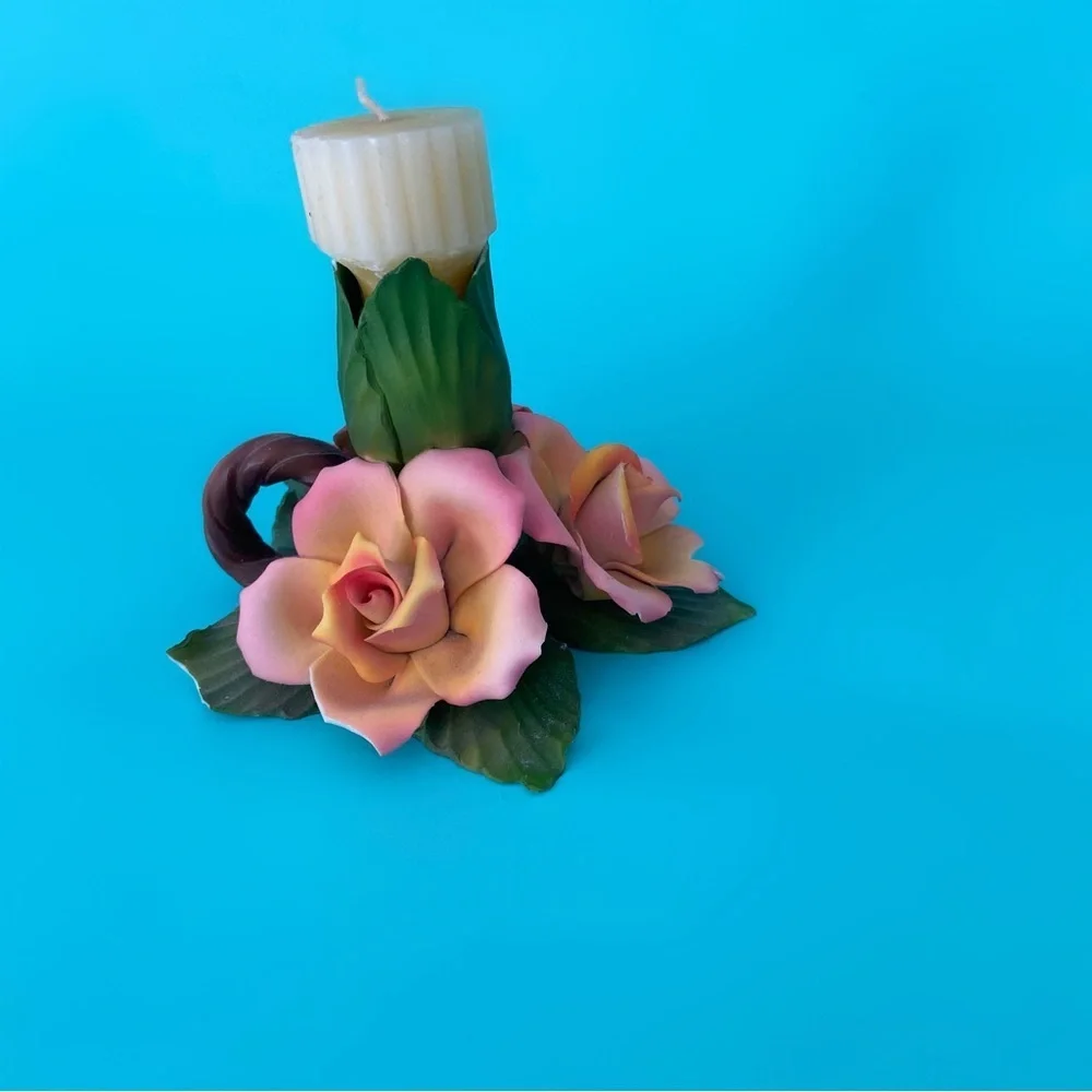 Capodimonte Italian porcelain rose floral candle holder vintage home decor